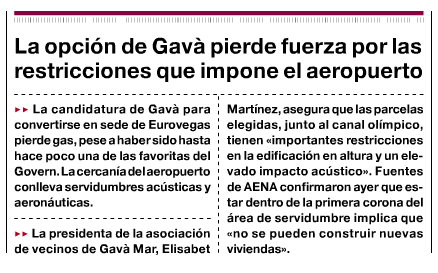 Not�cia publicada en el diari 'El Peri�dico' informant que els terrenys a tocar de Gav� Mar perdrien opcions per acollir l'Eurovegas per l'impacte de l'aeroport de Barcelona-El Prat tal i com l'AVV de Gav� Mar va explicar p�blicament (21 de Febrer de 2012)